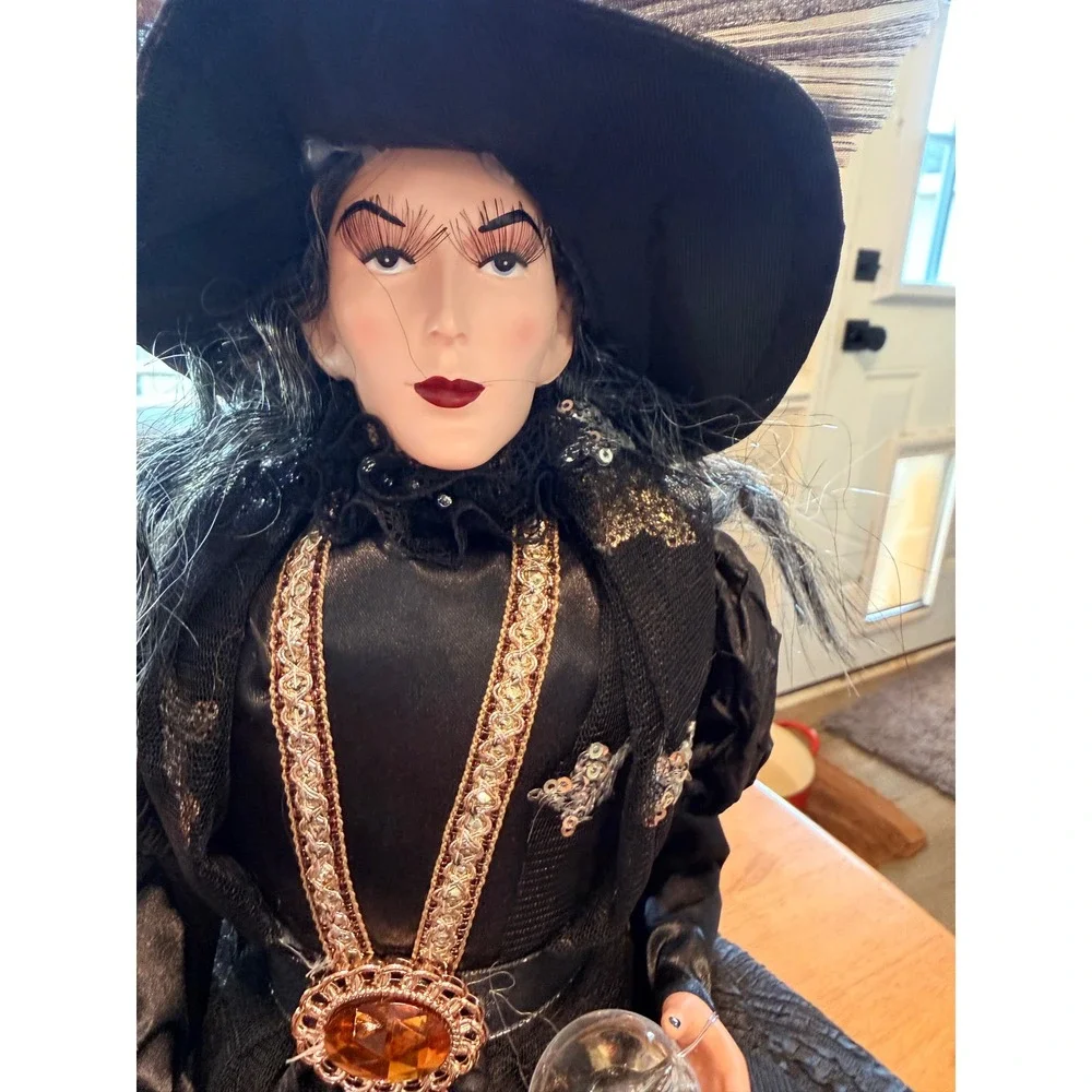 Halloween Sitting Witch Doll Sequined Gown‎ Crystal Ball Decor Black Copper 24